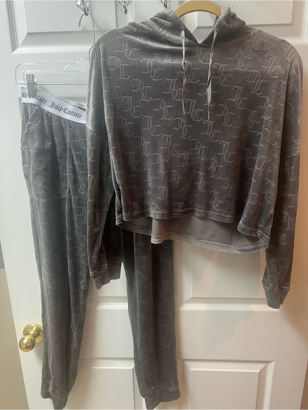 Juicy Couture Monogram Velvet Hooded Pajama Set in Gray